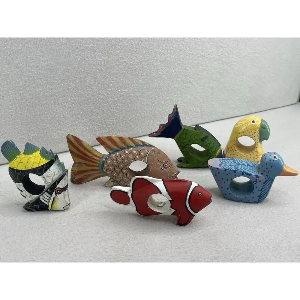 Hand Carved Wood Napkin Rings Set Fish Bird Folk Art Boho Table Decor